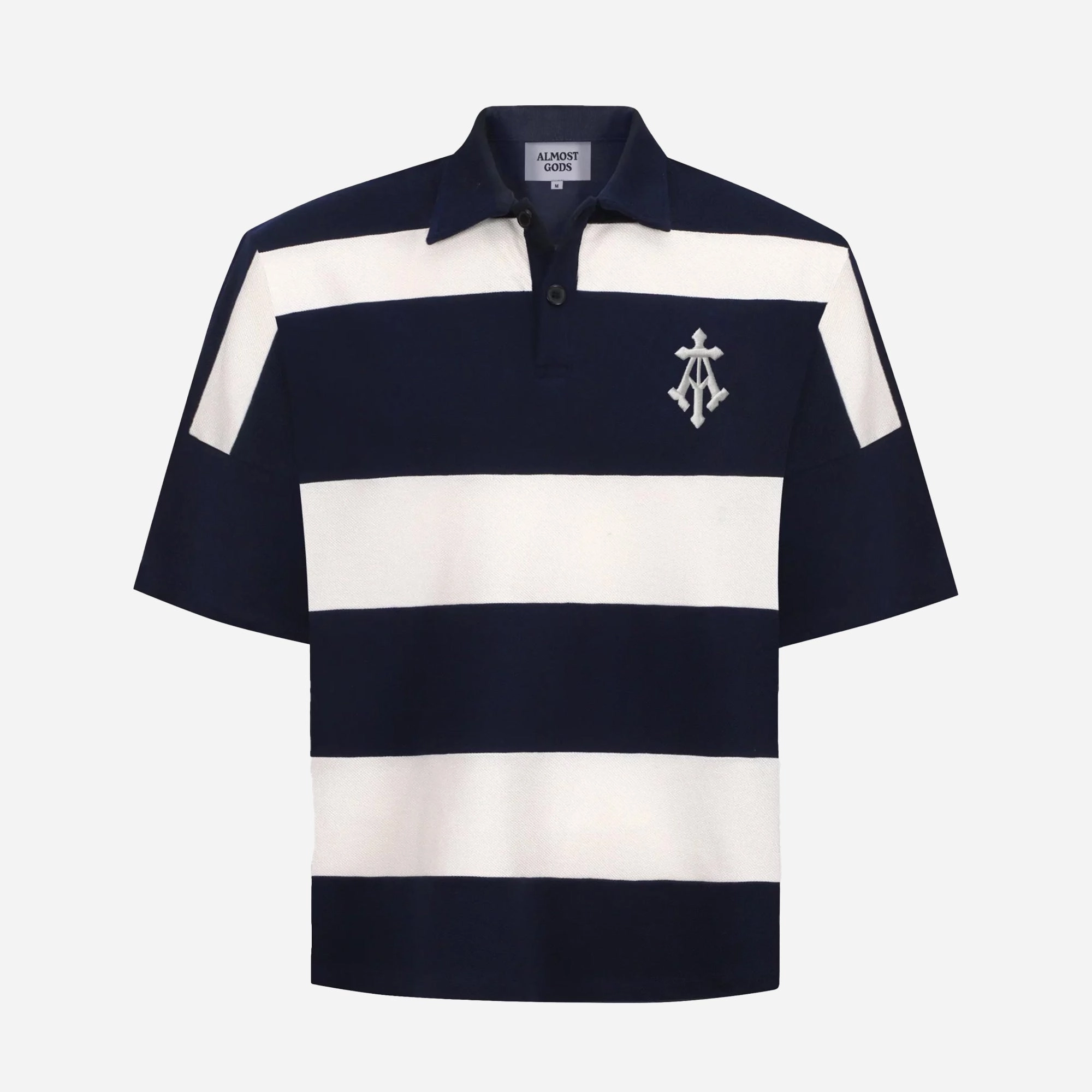 ALMOST GODS | ALPHA CROSS WOVEN STRIPED POLO { NAVY/WHITE