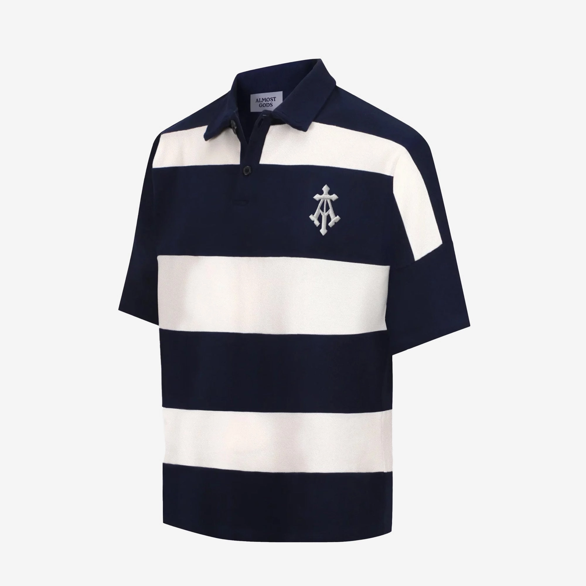 ALMOST GODS | ALPHA CROSS WOVEN STRIPED POLO { NAVY/WHITE
