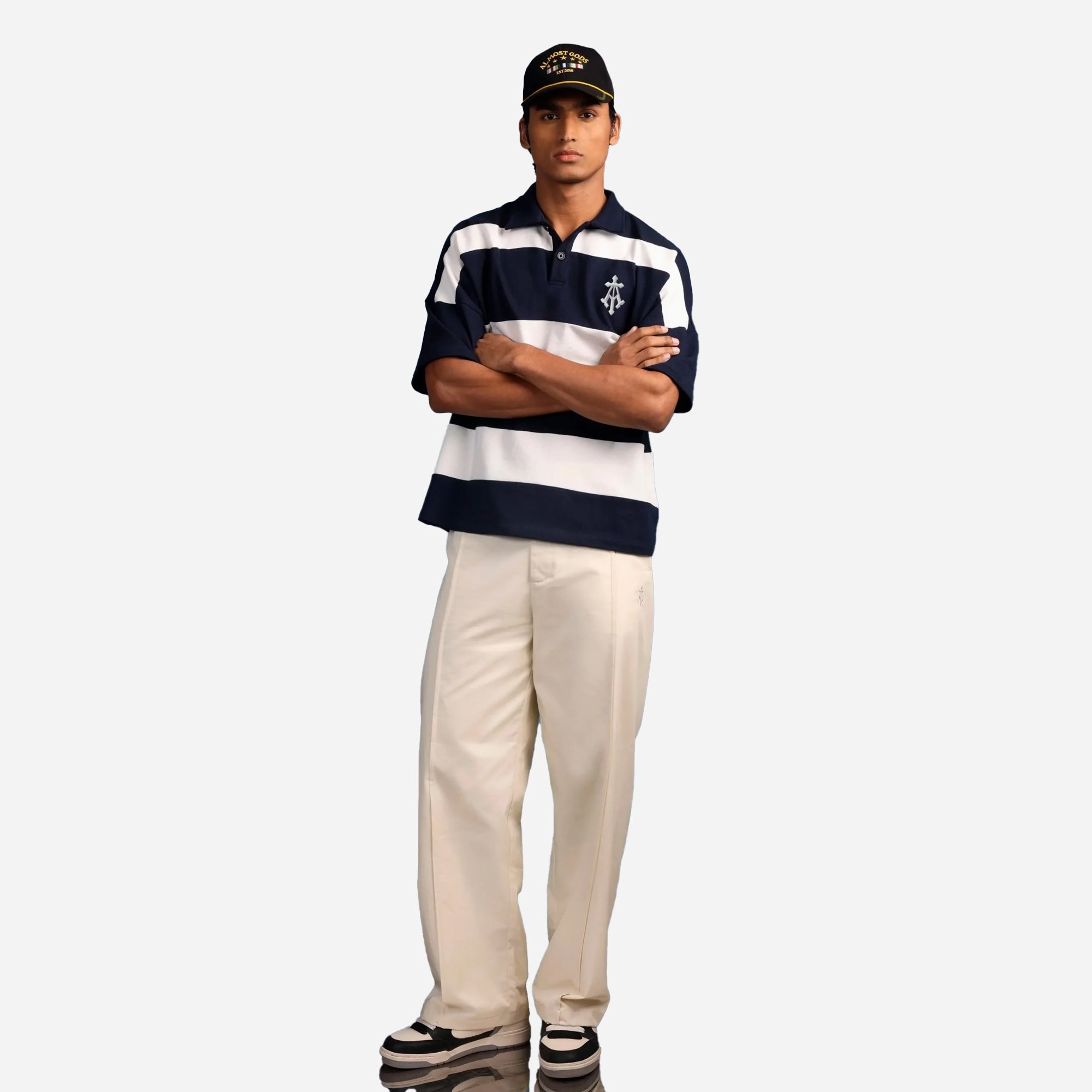ALMOST GODS | ALPHA CROSS WOVEN STRIPED POLO { NAVY/WHITE
