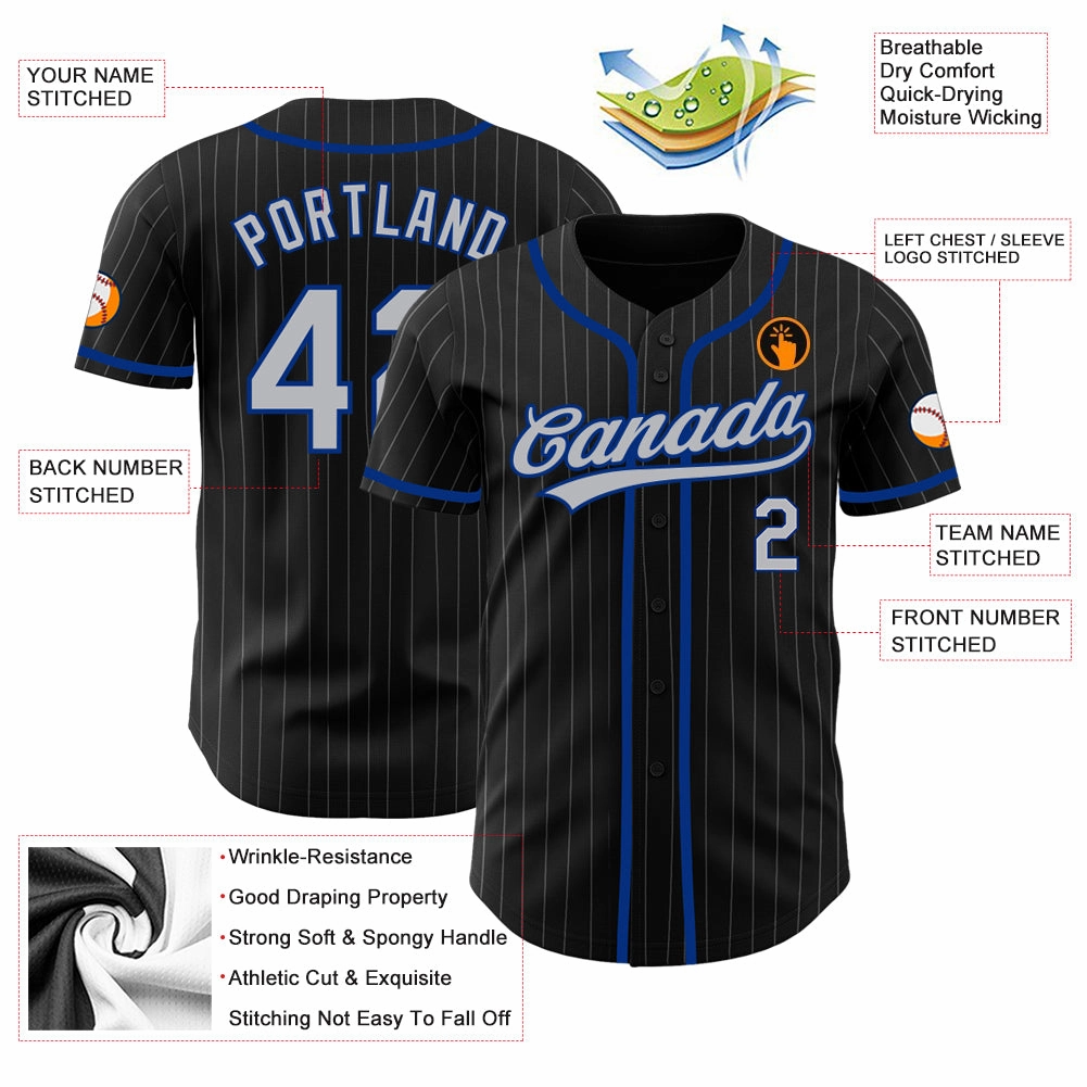 Custom Black Gray Pinstripe Gray-Royal Authentic Baseball Jersey