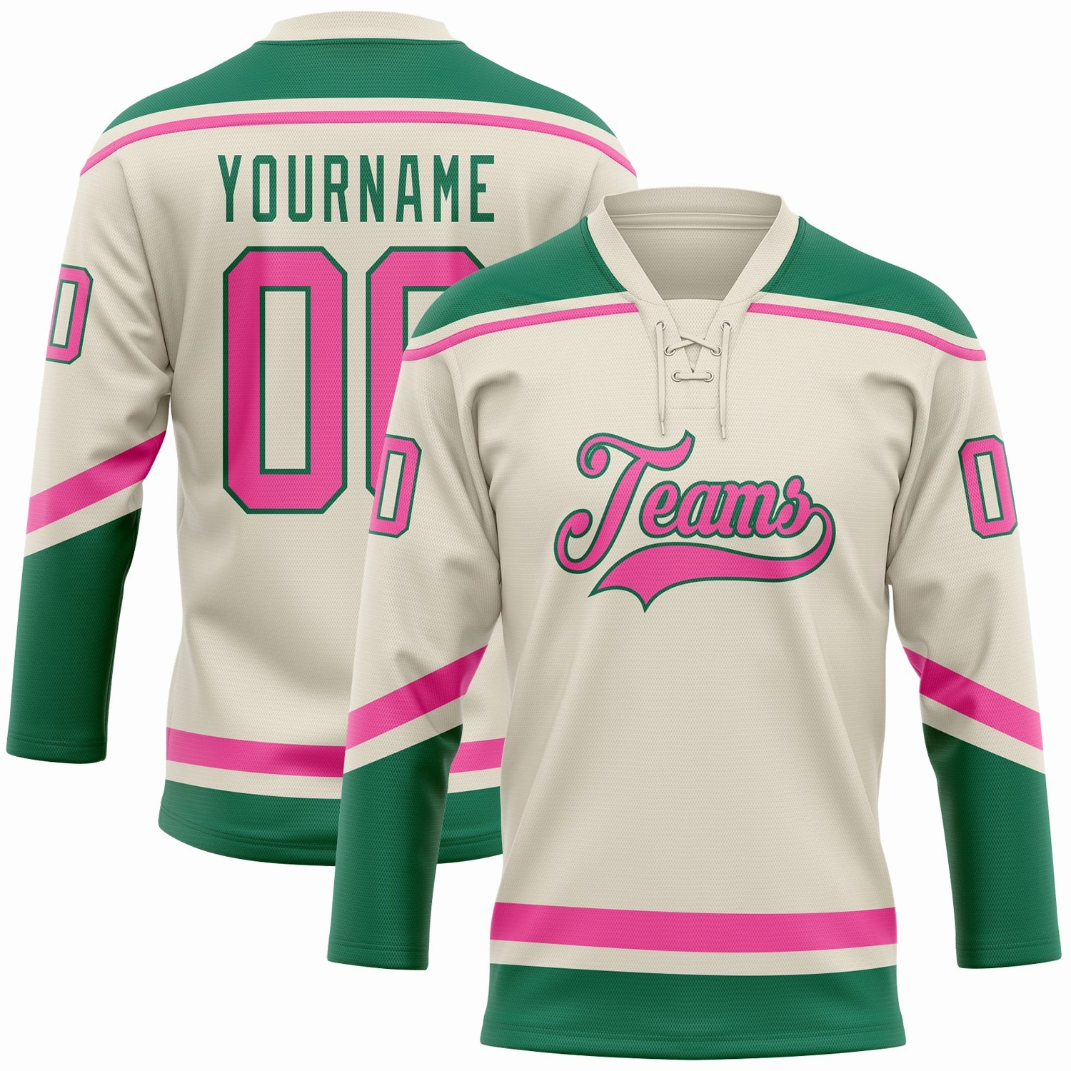 Custom Cream Pink-Kelly Green Hockey Lace Neck Jersey