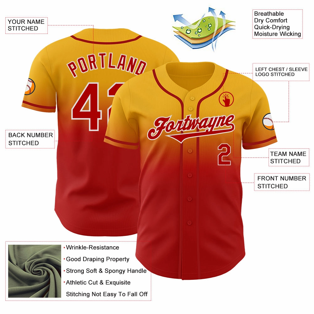 Custom Gold Red-White Authentic Fade Fashion Baseball Jersey