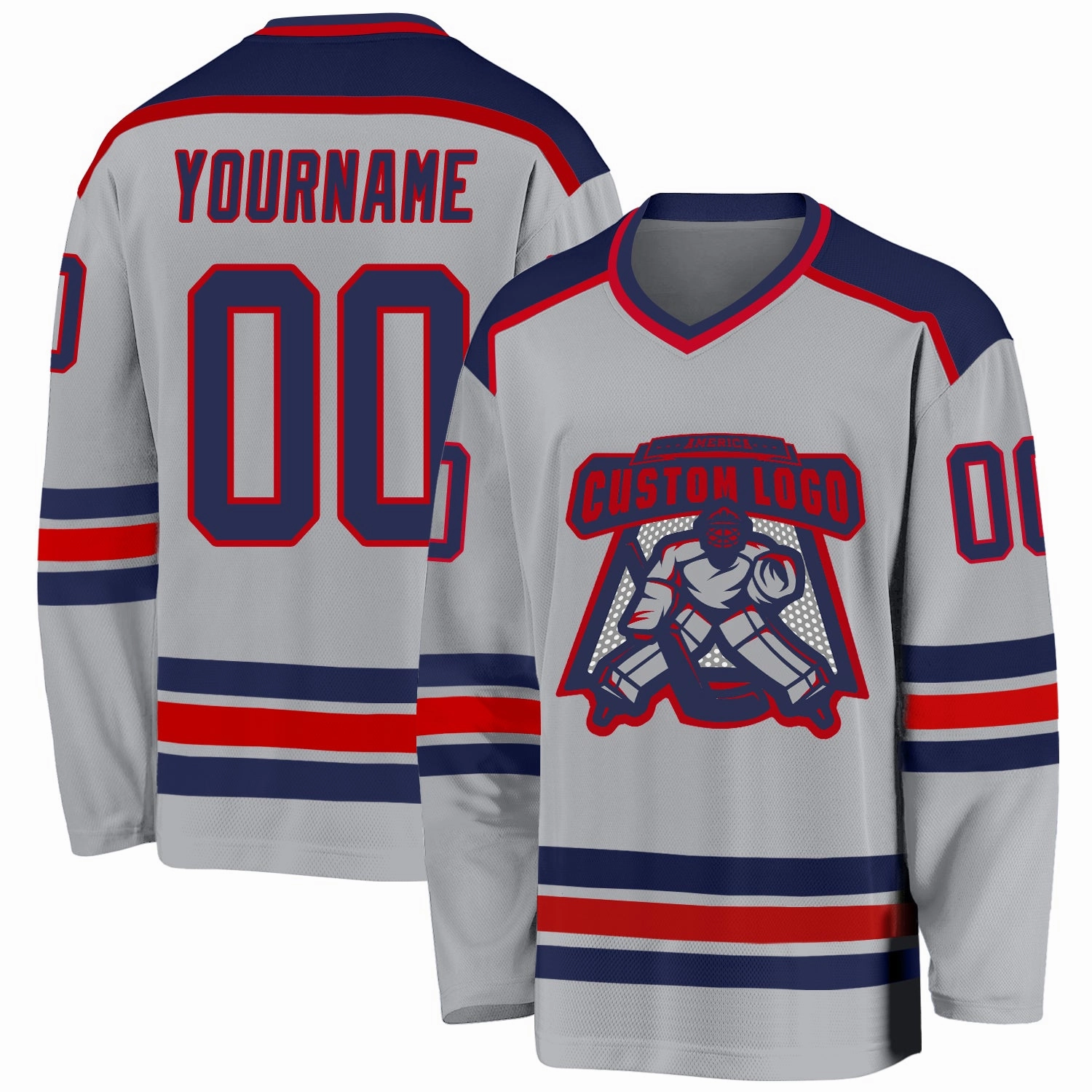 Custom Gray Navy-Red Hockey Jersey