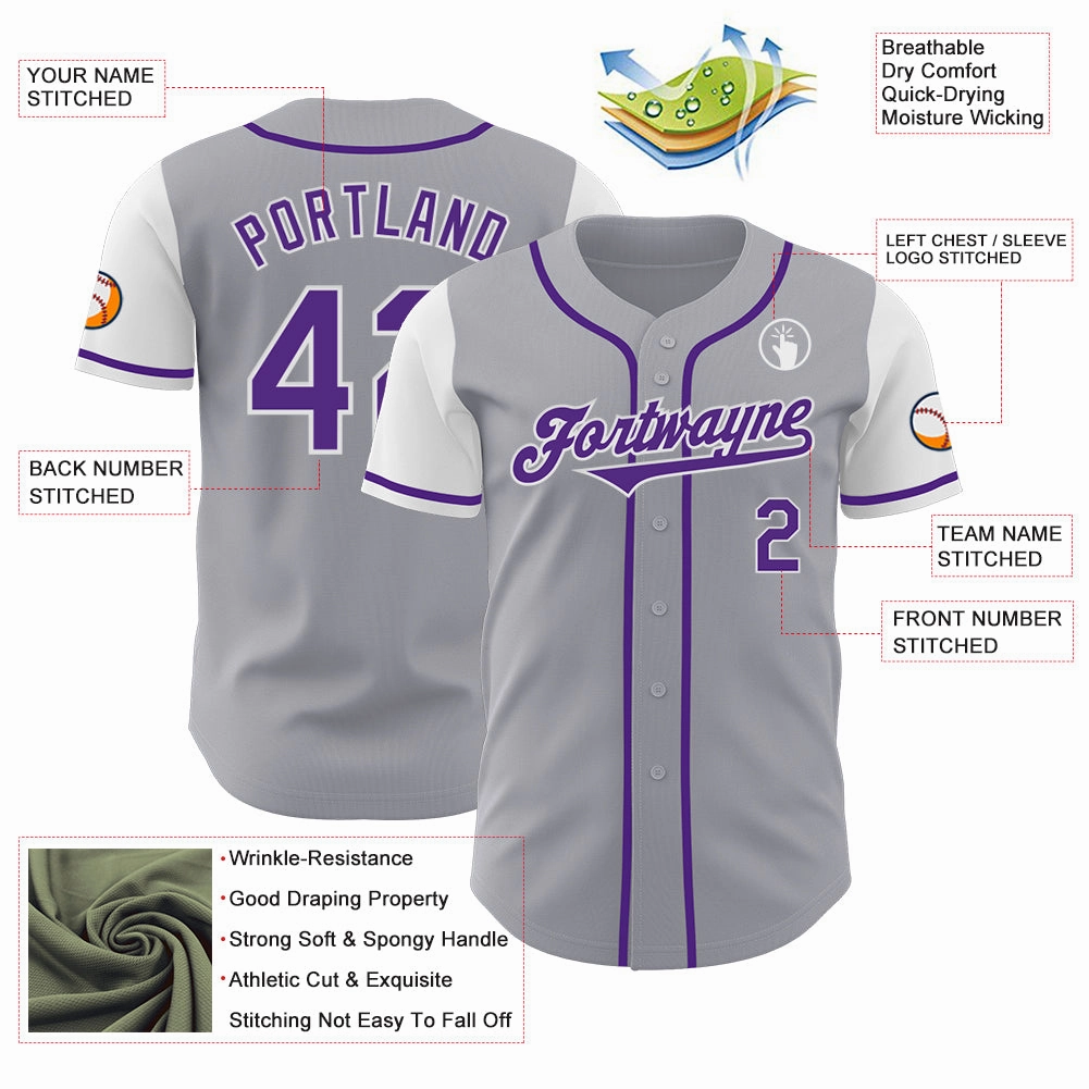 Custom Gray Purple-White Authentic Two Tone Baseball Jersey