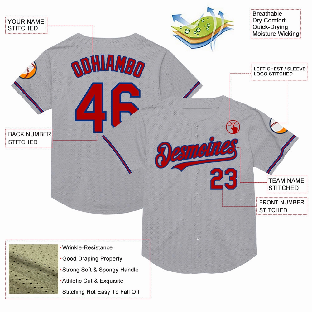 Custom Gray Red-Royal Mesh Authentic Throwback Baseball Jersey