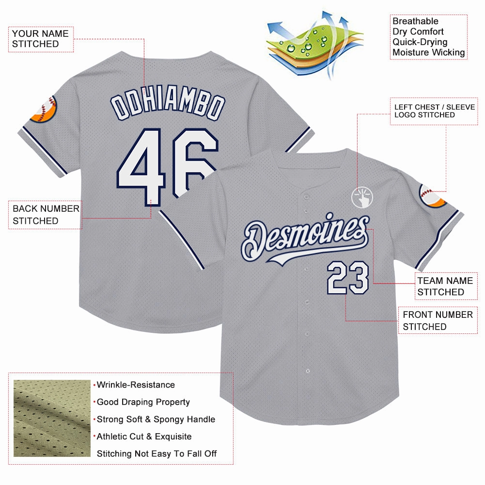 Custom Gray White-Navy Mesh Authentic Throwback Baseball Jersey