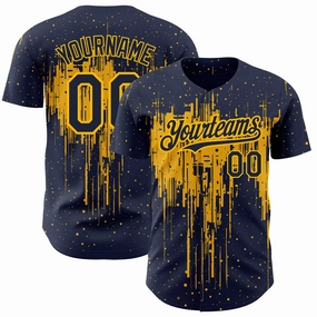 Custom Navy Gold 3D Pattern Design Dripping Splatter Art Authentic Baseball Jersey