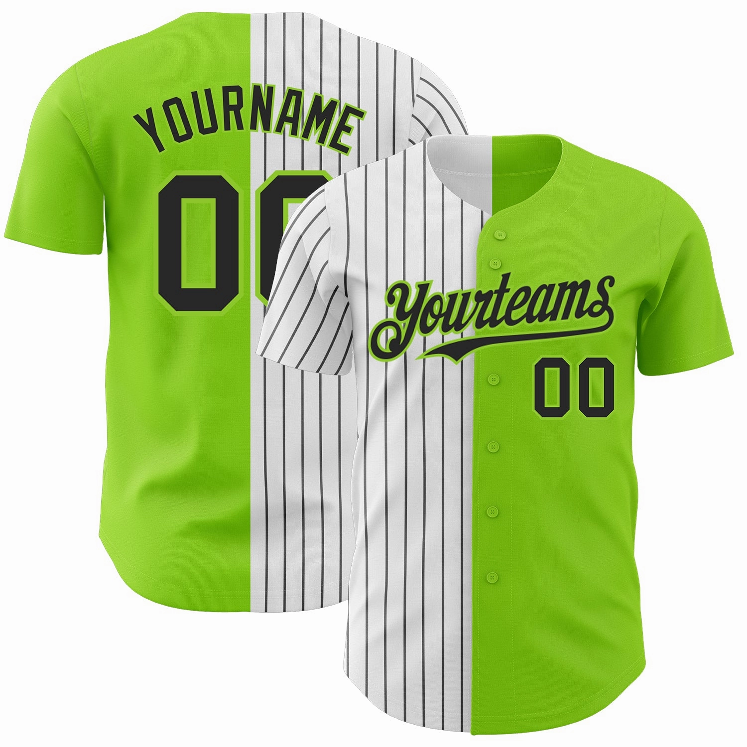 Custom Neon Green White-Black Pinstripe Authentic Split Fashion Baseball Jersey