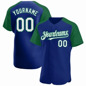 Custom Royal White-Kelly Green Authentic Raglan Sleeves Baseball Jersey