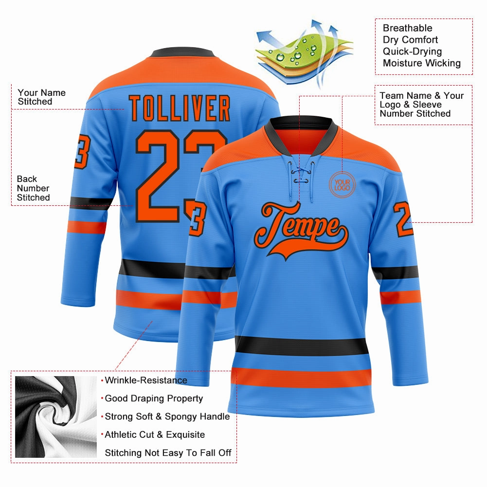 Custom Sky Blue Orange-Black Hockey Lace Neck Jersey