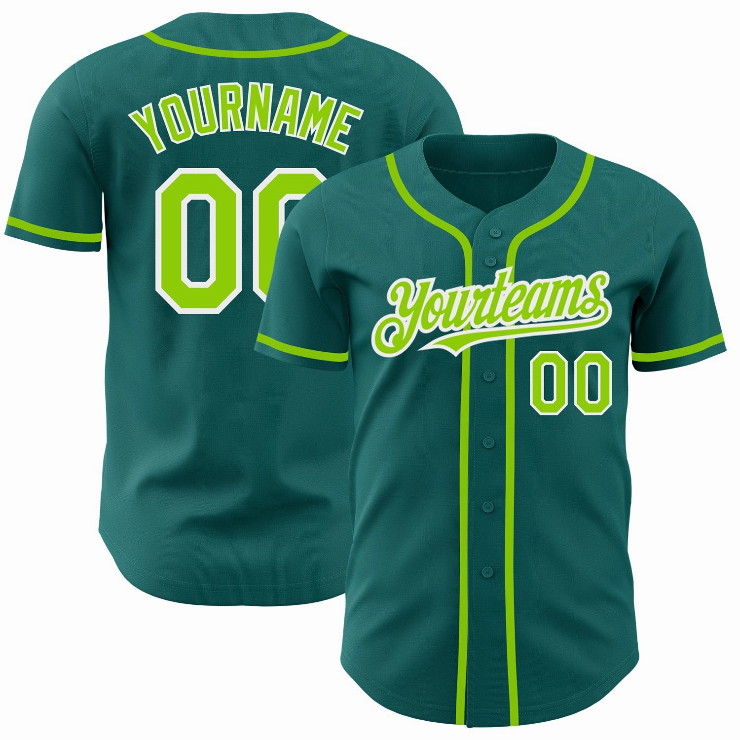Custom Teal Neon Green-White Authentic Baseball Jersey