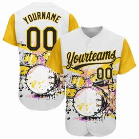 Custom White Black-Yellow 3D Pattern Design Music Festival Abstract Drum Set In Splash Authentic Baseball Jersey