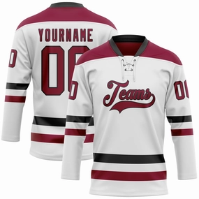 Custom White Maroon-Black Hockey Lace Neck Jersey