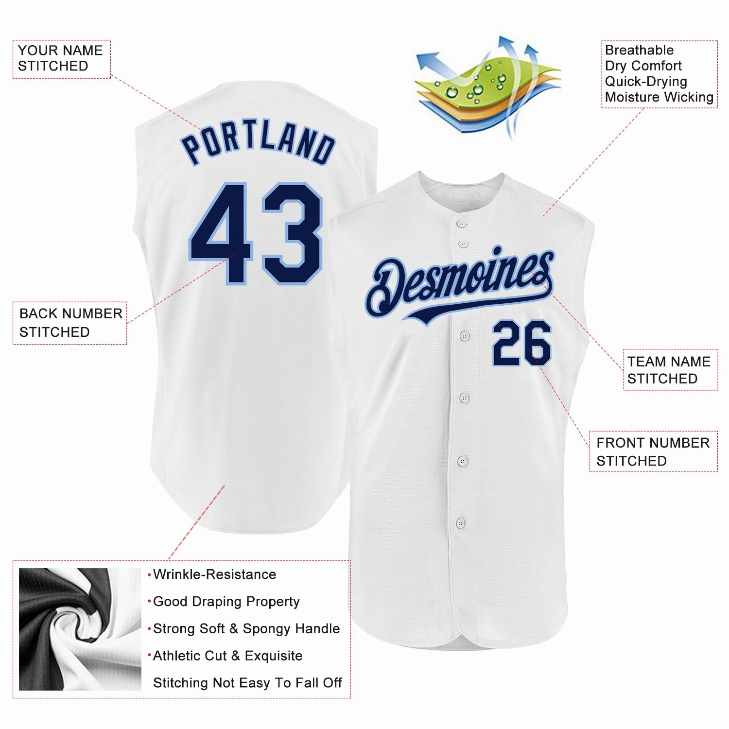 Custom White Navy-Light Blue Authentic Sleeveless Baseball Jersey