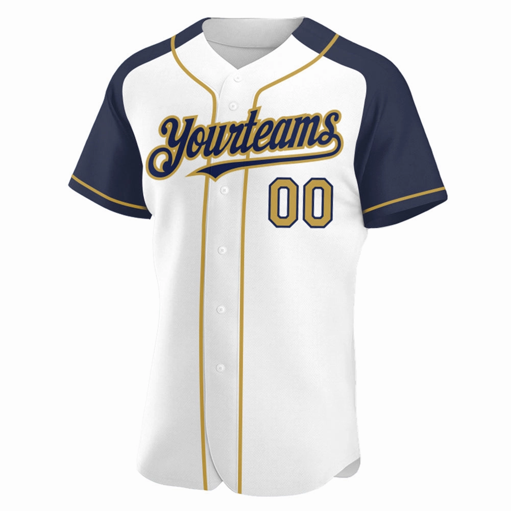 Custom White Old Gold-Navy Authentic Raglan Sleeves Baseball Jersey