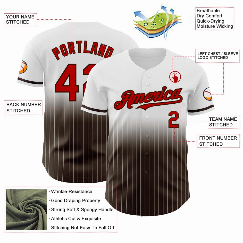 Custom White Pinstripe Red-Brown Authentic Fade Fashion Baseball Jersey