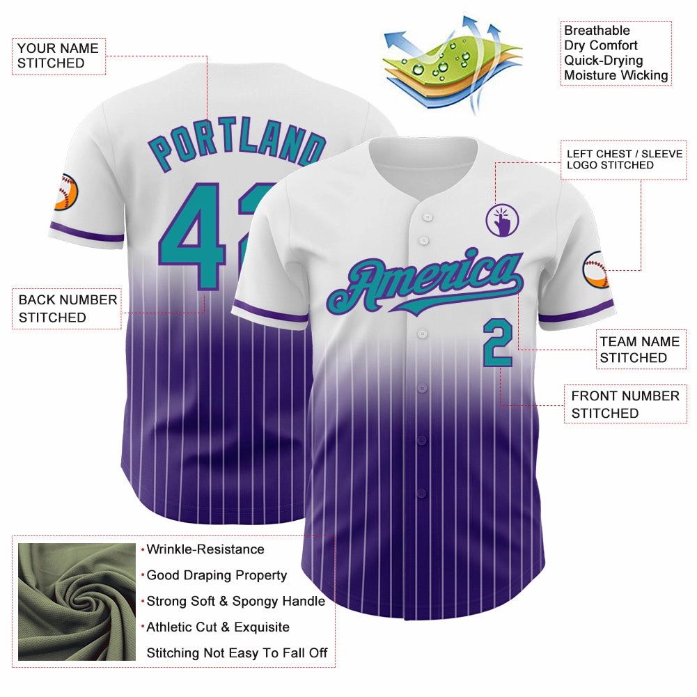 Custom White Pinstripe Teal-Purple Authentic Fade Fashion Baseball Jersey