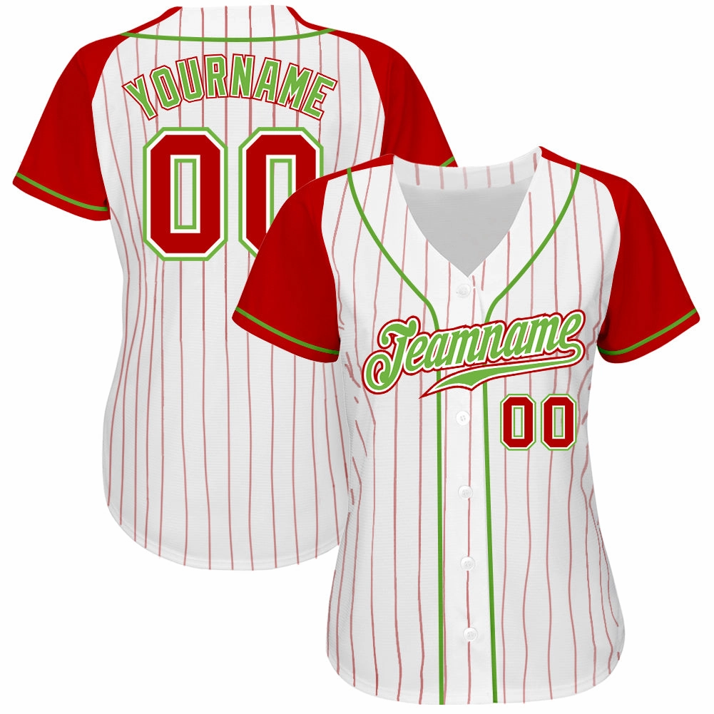 Custom White Red Pinstripe Red-Neon Green Authentic Raglan Sleeves Baseball Jersey