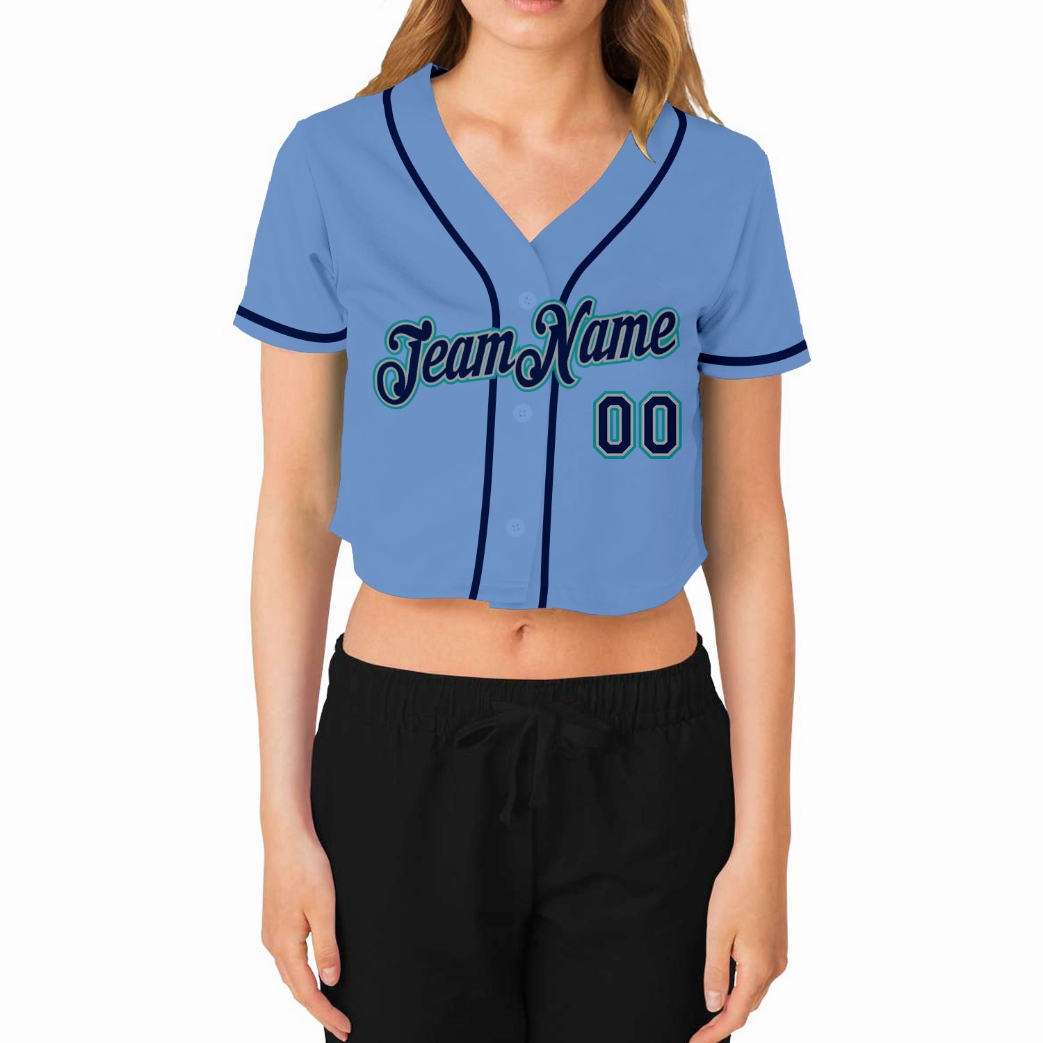 Custom Women's Light Blue Navy Gray-Aqua V-Neck Cropped Baseball Jersey