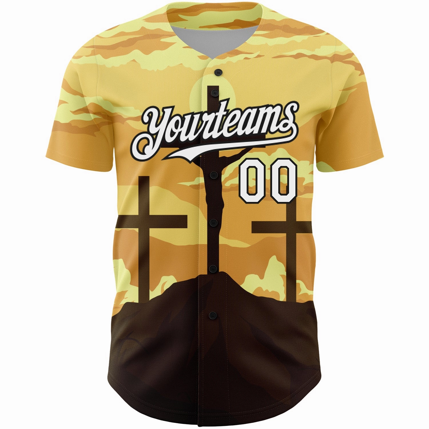Custom Yellow White-Black 3D Pattern Design Religion Cross Jesus Christ Good Friday Authentic Baseball Jersey