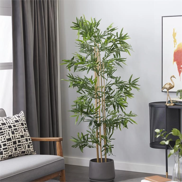 GREEN POLYESTER BAMBOO ARTIFICIAL TREE WITH BLACK PLASTIC POT