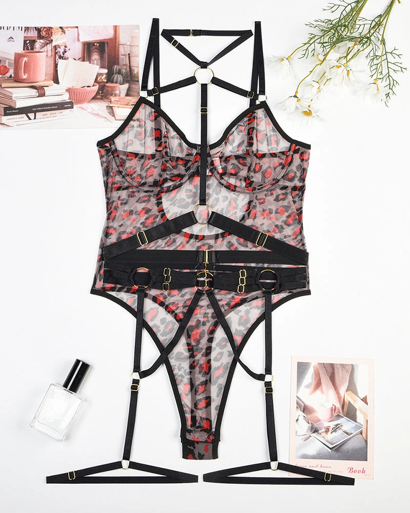Leopard Mesh Bodysuit with Steel Ring