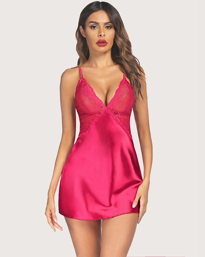 Leopard Print Satin Lingerie V Neck Lace Dress