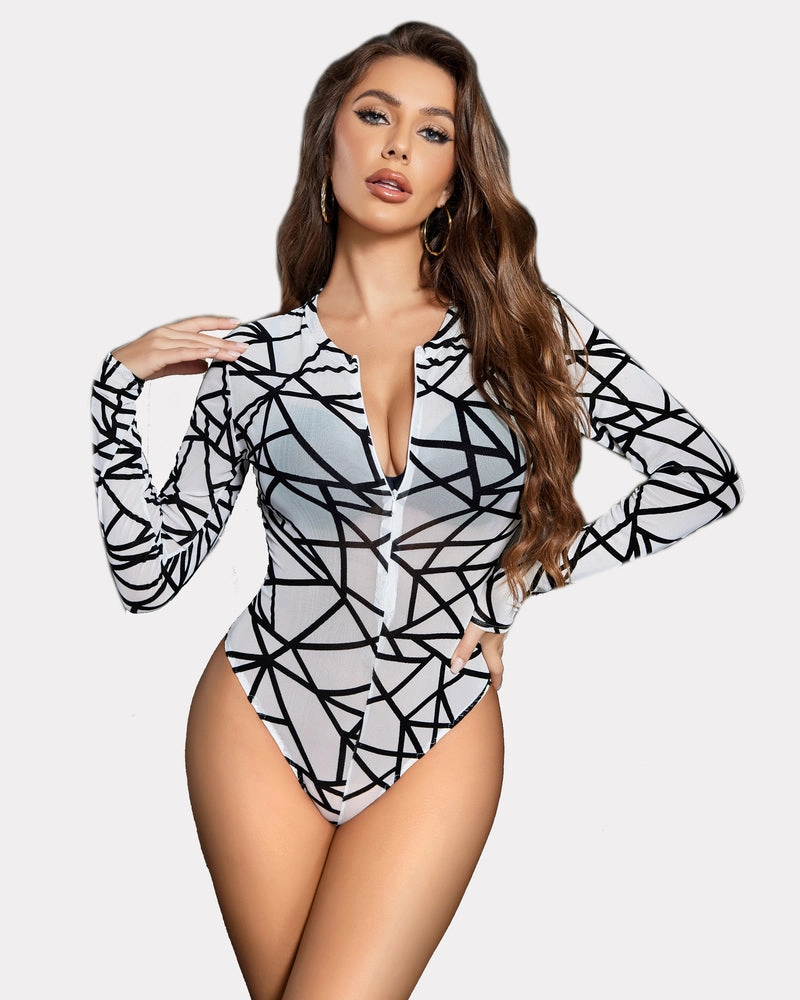 Leopard Zipper Sheer Bodysuit