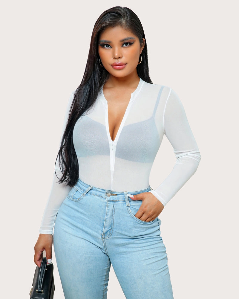 Leopard Zipper Sheer Bodysuit