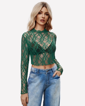 Long Sleeve Mesh Top Sheer Blouse