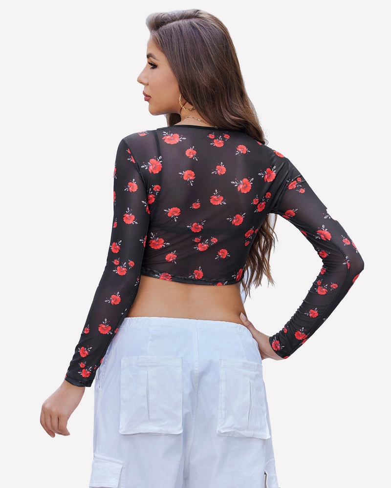 Mesh Crop Top Long Sleeve See Through Shirt