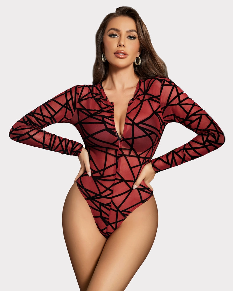 Mesh Zipper Sheer Bodysuit