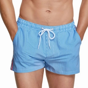 Seobean Men's Quick-Dry Board Shorts - Blue Stripe Swim Trunks with Mesh Liner 251301