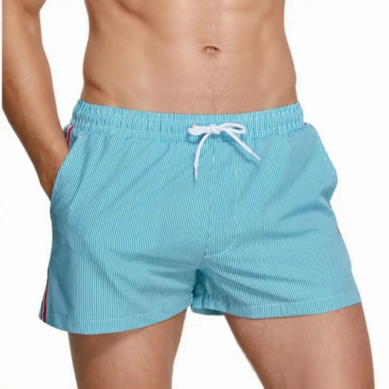 Seobean Men's Quick-Dry Board Shorts - Blue Stripe Swim Trunks with Mesh Liner 251301