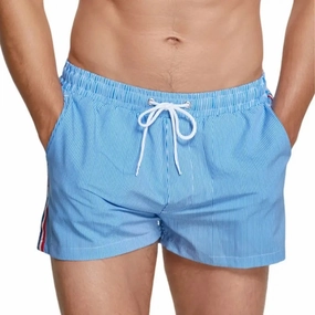Seobean Men's Quick-Dry Board Shorts - Blue Stripe Swim Trunks with Mesh Liner 251301