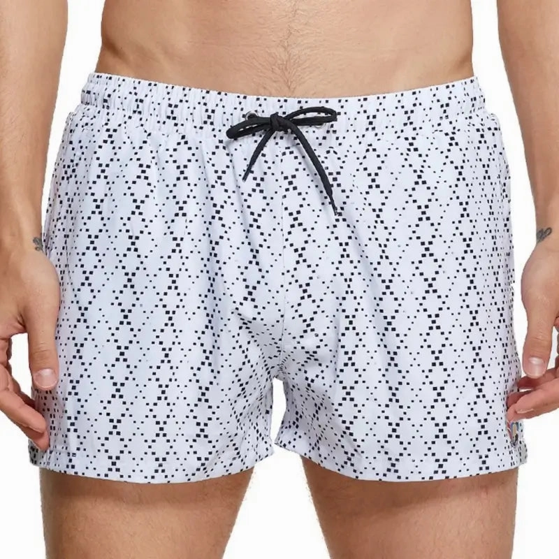 Seobean Men's Swim Shorts White Pixel Print Beach Board Shorts 241305