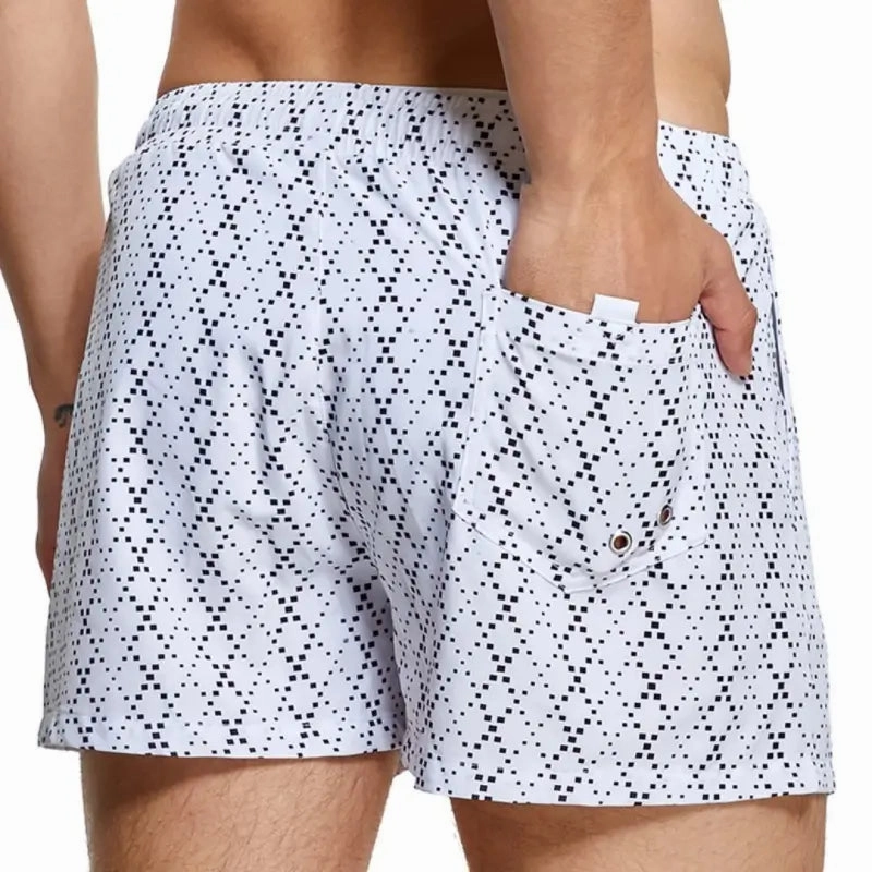 Seobean Men's Swim Shorts White Pixel Print Beach Board Shorts 241305