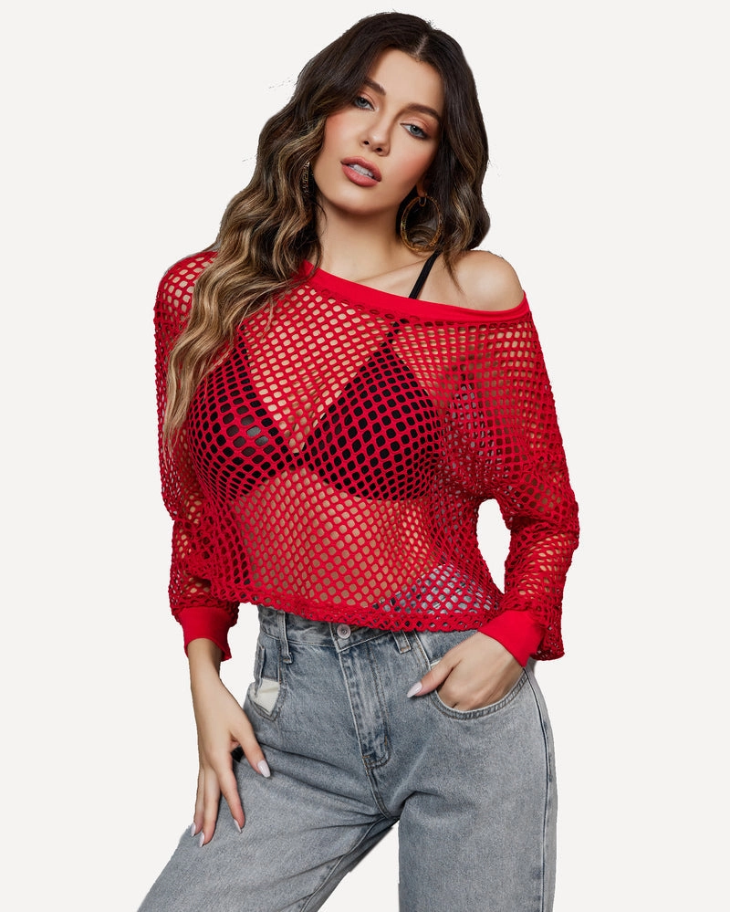 Sheer Fishnet Top Short Sleeves Crop Top