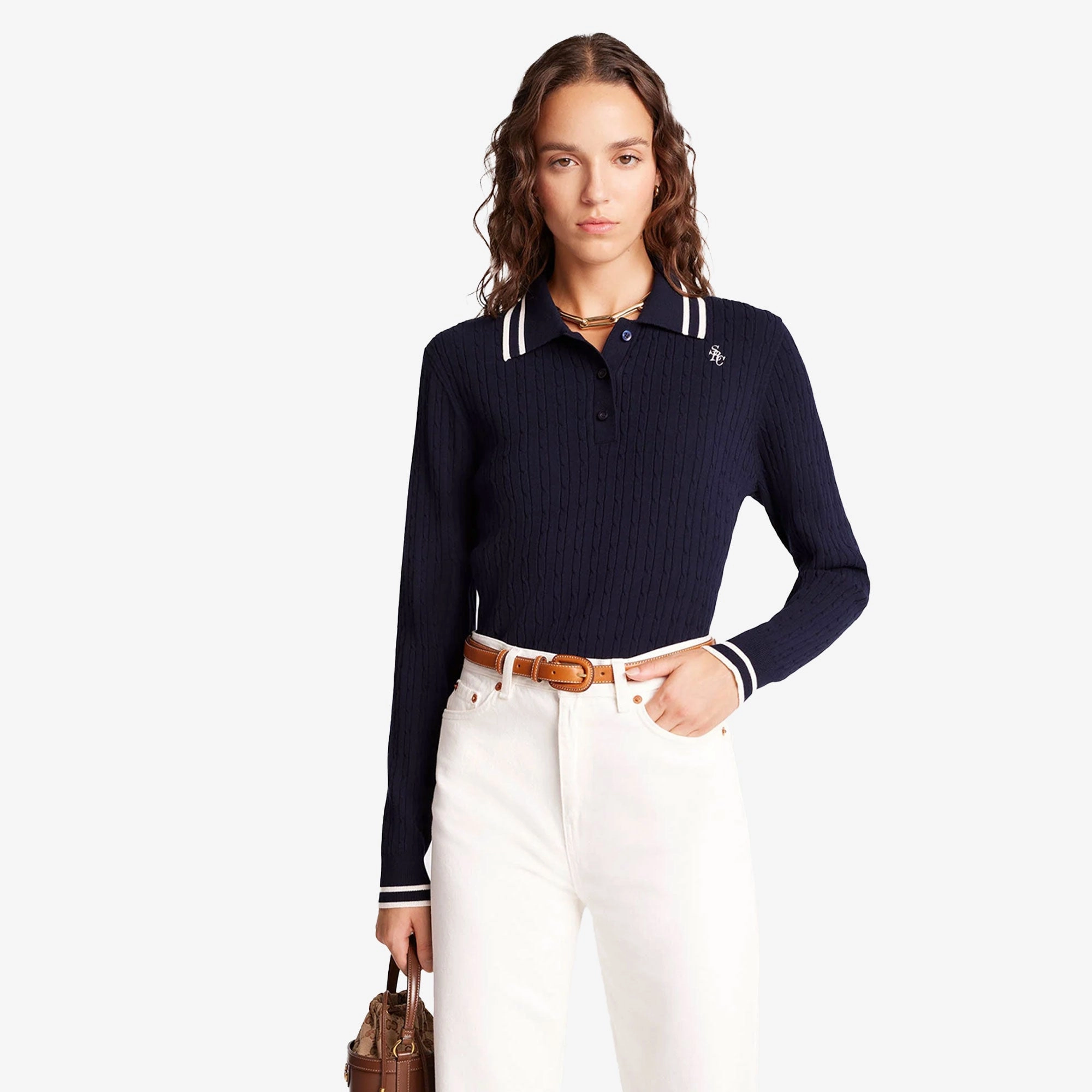SPORTY & RICH | SRC CABLEKINT POLO { NAVY/CREAM